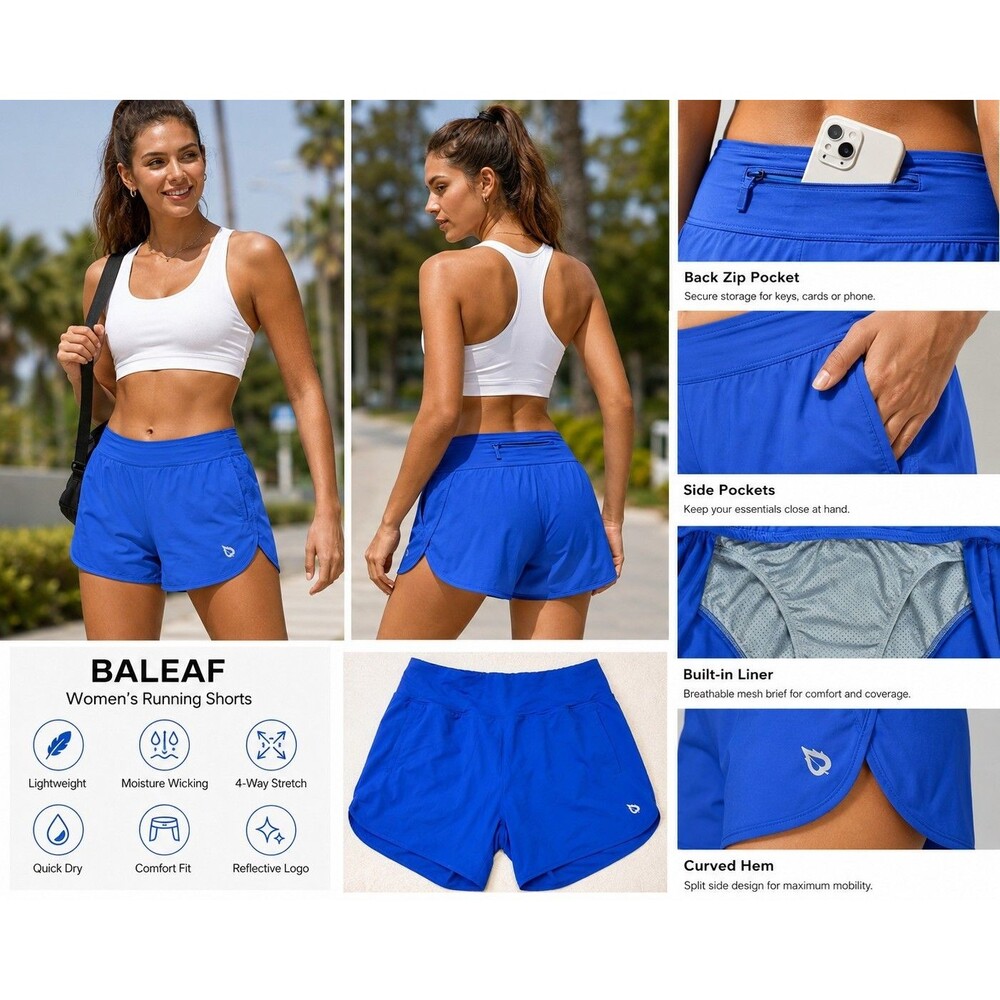 BALEAF Running Shorts Women's Large Blue Lined Athletic Workout Zip Pocket
